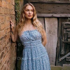 Gap × Doen Floral Midi Dress Blue Size Small NWT Ruffle